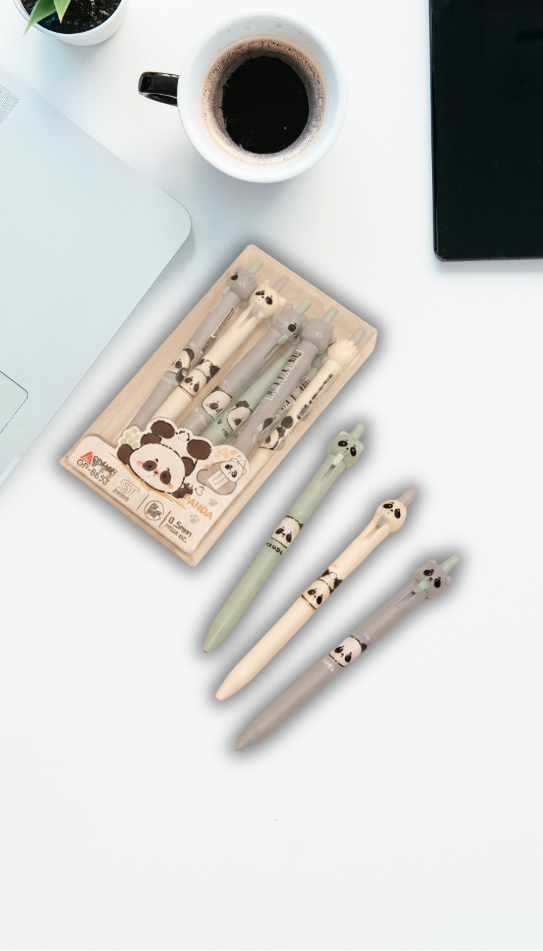 A 6-piece cute retractable gel pen set featuring 3D panda figurines on top, in pastel green, white, and gray colors, with a transparent plastic case.
