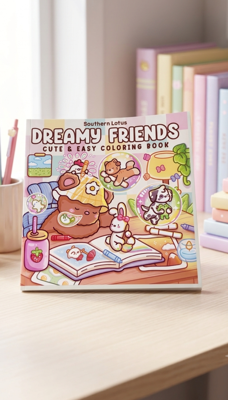 "A cheerful shot of a coloring book placed on a wooden desk, with a cover titled 'Dreamy Friends Cute & Easy Coloring Book' featuring adorable kawaii-style cartoon illustrations of cozy animals like a bear, bunny, and dalmatian puppy, with pastel books and pink pens blurred in the background."