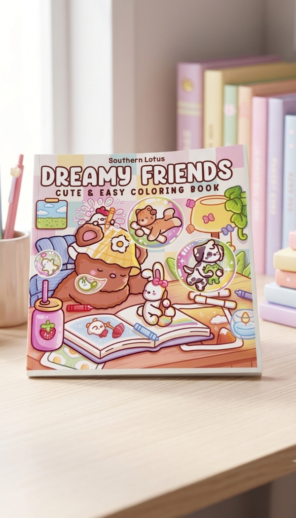 "A cheerful shot of a coloring book placed on a wooden desk, with a cover titled 'Dreamy Friends Cute & Easy Coloring Book' featuring adorable kawaii-style cartoon illustrations of cozy animals like a bear, bunny, and dalmatian puppy, with pastel books and pink pens blurred in the background."