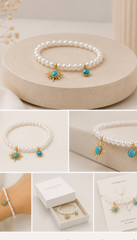 Pearl bracelet with sun and turquoise charm on a beige surface, displayed with close-up shots and a box.