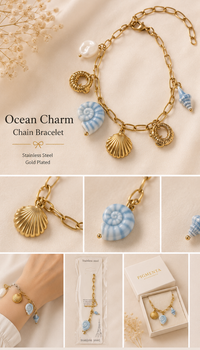 Shop the gold anti-tarnish Ocean Charm stainless steel bracelet from Pigmenta. A stunning summer design with seashell charms for a vibrant, waterproof boho-chic look!