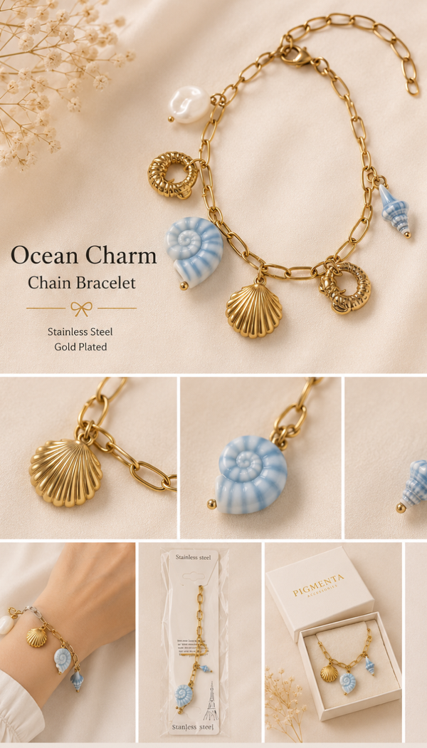 Shop the gold anti-tarnish Ocean Charm stainless steel bracelet from Pigmenta. A stunning summer design with seashell charms for a vibrant, waterproof boho-chic look!