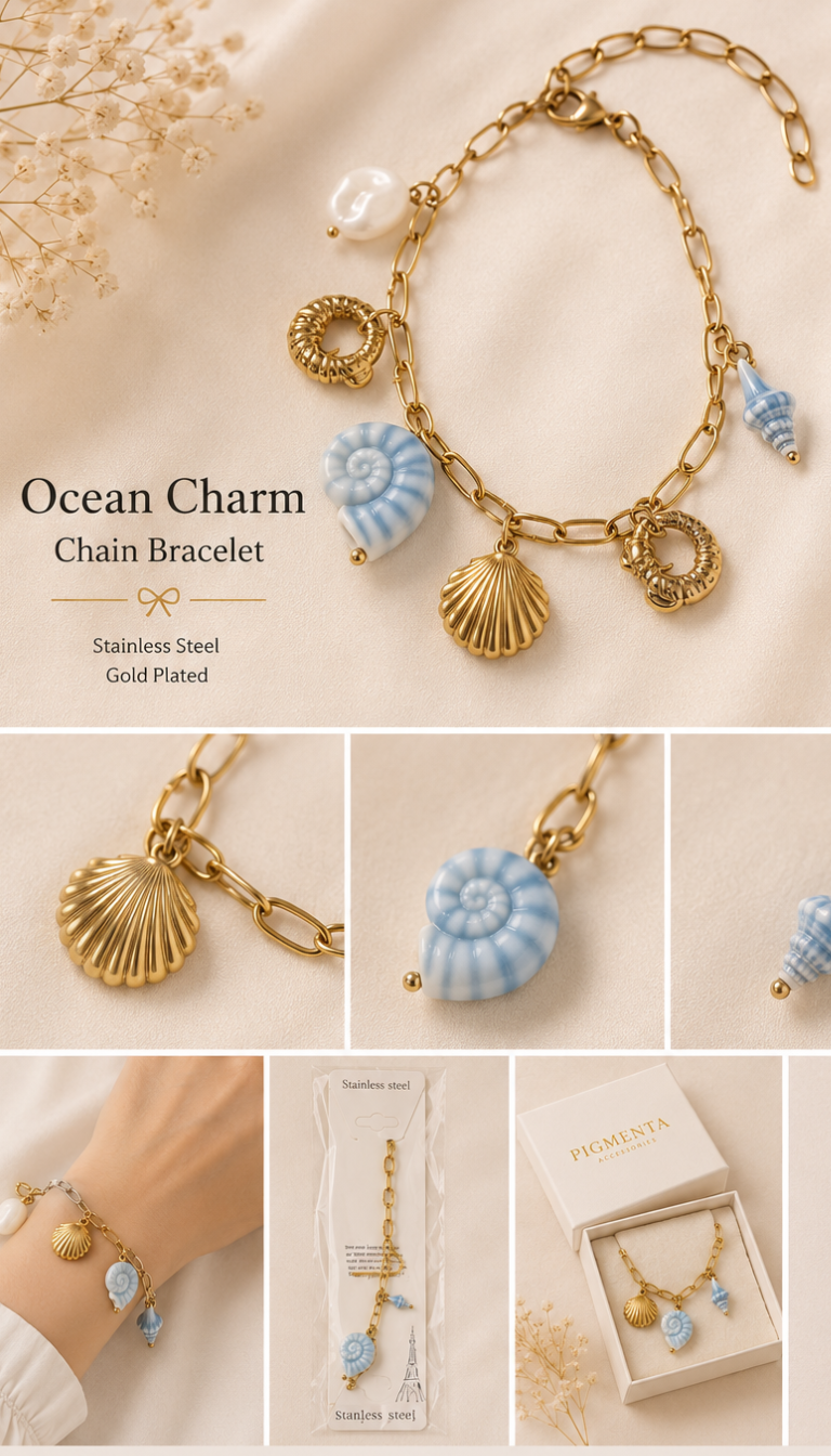 Shop the gold anti-tarnish Ocean Charm stainless steel bracelet from Pigmenta. A stunning summer design with seashell charms for a vibrant, waterproof boho-chic look!