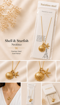 "Close-up shots of a gold shell and starfish necklace displayed on its elegant packaging against a soft beige background, highlighting the intricate design details."