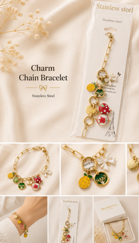 Elegant gold stainless steel waterproof bracelet with multiple shiny charms.