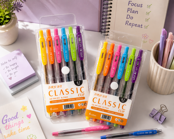 Classic Clip Gel Ink Pen – مجموعة أقلام جل 0.7 مم | 6 ألوان