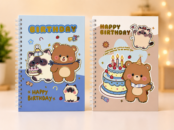 نوت بوك فاخر Birthday Bear & Cat Spiral بتصميمات مرحه وألوان لطيفه 40 ورقه 🐻