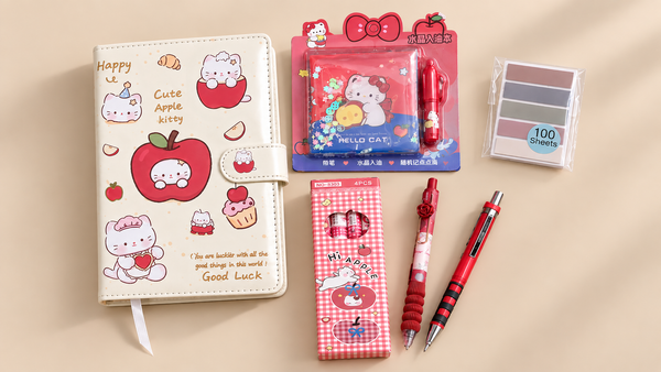 مجموعة أدوات مكتبية كيوت – 🍎Cat & Apple Stationery Set