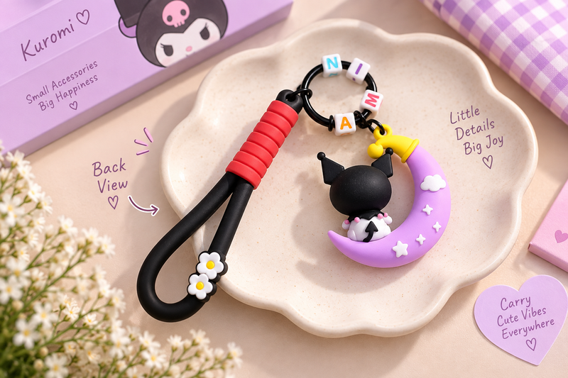Kuromi Crescent Moon Keychain – كرومي مع هلال بنفسجي 🌙💜