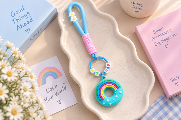 Rainbow Donut Keychain – Cute Pastel Charm | ميدالية مفاتيح قوس قزح 🌈 🩵