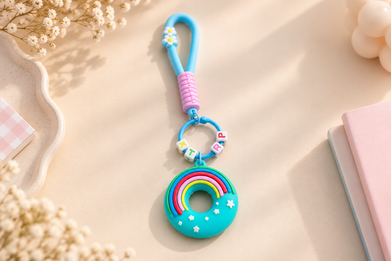 Rainbow Donut Keychain – Cute Pastel Charm | ميدالية مفاتيح قوس قزح 🌈 🩵