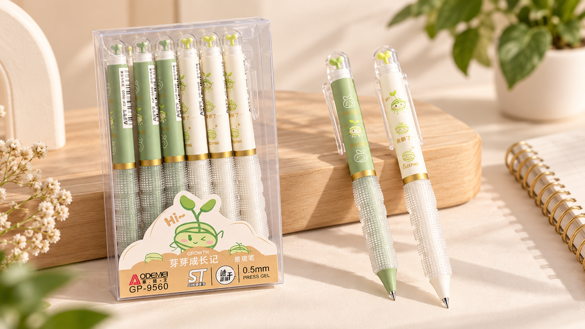 قلم جيل ازرق🌱 ODEMEI GP-9560 – أقلام بتصميم براعم لطيف 0.5 مم
