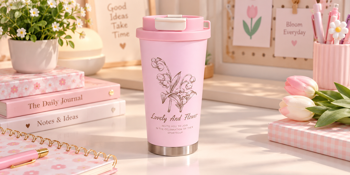 🌸 كوب حراري وردي بغطاء محكم وحزام حمل – Lovely And Flower