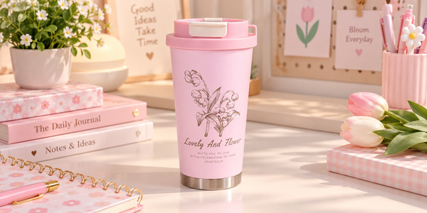 🌸 كوب حراري وردي بغطاء محكم وحزام حمل – Lovely And Flower