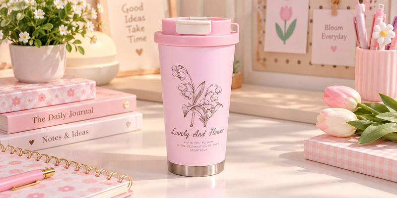 🌸 كوب حراري وردي بغطاء محكم وحزام حمل – Lovely And Flower