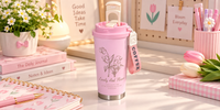 🌸 كوب حراري وردي بغطاء محكم وحزام حمل – Lovely And Flower