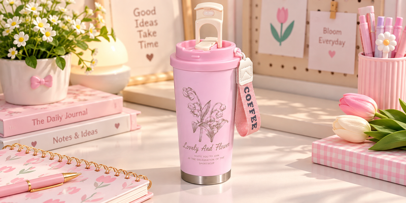 🌸 كوب حراري وردي بغطاء محكم وحزام حمل – Lovely And Flower