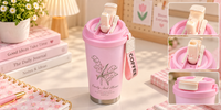 🌸 كوب حراري وردي بغطاء محكم وحزام حمل – Lovely And Flower