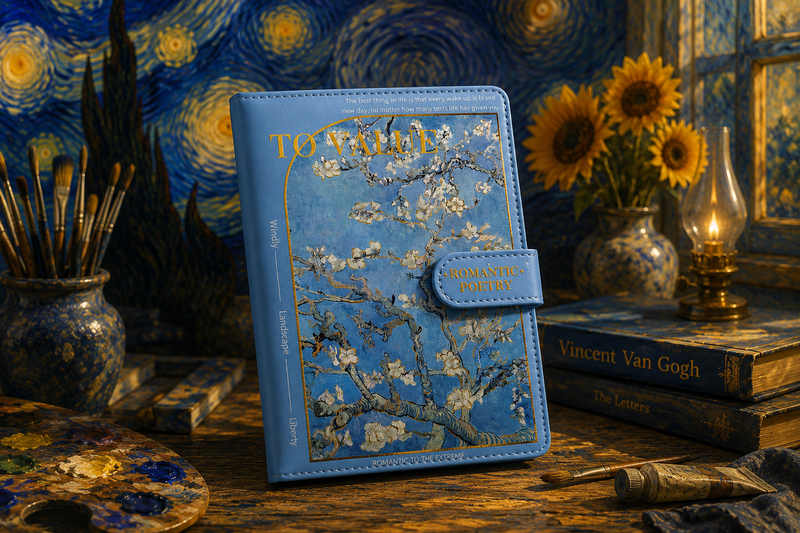 دفتر ملاحظات فاخر مستوحى من لوحات فان جوخ – 3 تصاميم فنية (Almond Blossom • Sunflowers • Roses) | غلاف جلد مغناطيسي
