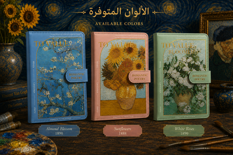 دفتر ملاحظات فاخر مستوحى من لوحات فان جوخ – 3 تصاميم فنية (Almond Blossom • Sunflowers • Roses) | غلاف جلد مغناطيسي