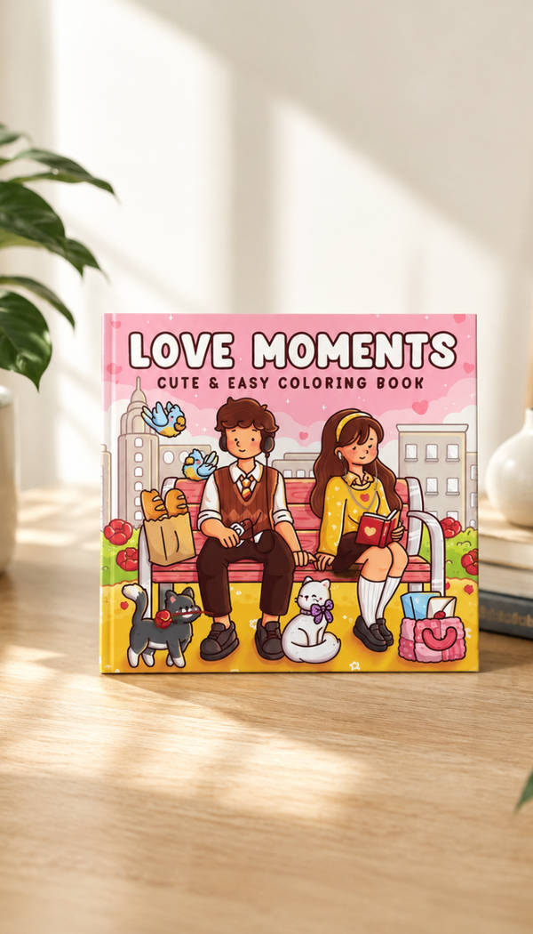 A cozy, sunlit mockup of a coloring book titled "Love Moments Cute & Easy Coloring Book" displayed on a wooden table. The cover features a cute, anime-style illustration of a boy and a girl sitting on a park bench, surrounded by two cats, birds, and a pink city skyline in the background. A potted green plant and ceramic vases complement the warm aesthetic.