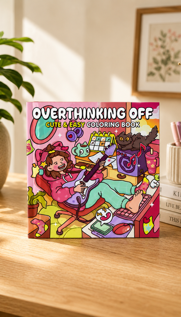 A coloring book titled "Overthinking Off" displayed on a wooden table in a sunlit room, next to a green houseplant. The book cover features a vibrant cartoon design of a girl wearing a pink hoodie, relaxedly playing the guitar in her cozy, messy room, surrounded by black cats, candles, and books. The English title is clearly visible on the cover.