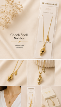 "A collage of close-up shots showing an elegant women's gold stainless steel necklace with a polished spiral conch shell pendant and a smaller shell charm, displayed beautifully against a soft backdrop and inside its luxury Pigmenta branding box."