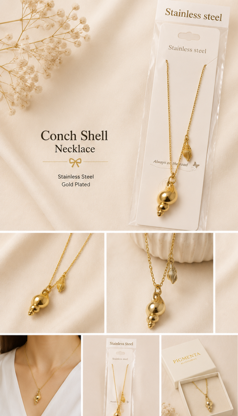 "A collage of close-up shots showing an elegant women's gold stainless steel necklace with a polished spiral conch shell pendant and a smaller shell charm, displayed beautifully against a soft backdrop and inside its luxury Pigmenta branding box."