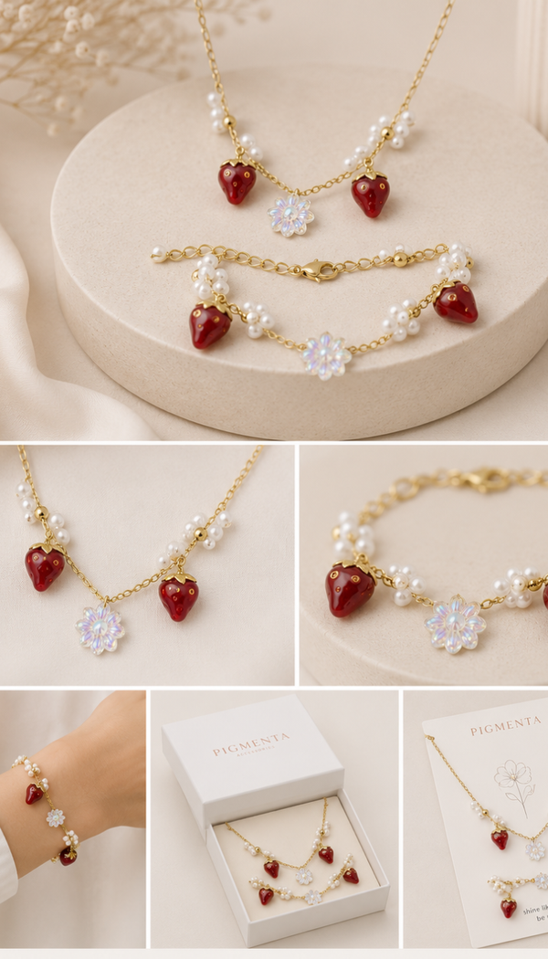 A jewelry set collage showing a gold-tone necklace and bracelet with red heart charms, white faux pearls, and clear flower-shaped crystals, plus a matching bracelet. The set is displayed on beige pedestals, on a wrist, in a white jewelry box, and on a card.