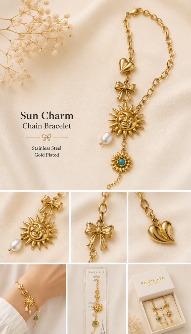 "Shop Pigmenta's anti-tarnish gold Sun Charm bracelet. A luxurious boho design featuring a sun, bow, turquoise stone, and pearl for a radiant, waterproof look!"