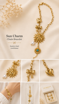 "Shop Pigmenta's anti-tarnish gold Sun Charm bracelet. A luxurious boho design featuring a sun, bow, turquoise stone, and pearl for a radiant, waterproof look!"