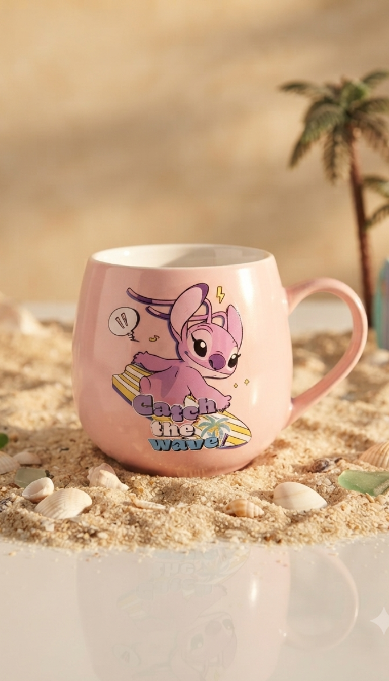 Alt Text: A glossy pink ceramic coffee mug with an ergonomic handle, showcasing a colorful cartoon print of Angel from Lilo and Stitch riding a surfboard, alongside the caption "Catch the wave". The mug is styled sitting on fine beach sand with small seashells scattered around, under warm sunlight with a blurred tropical palm tree in the background.