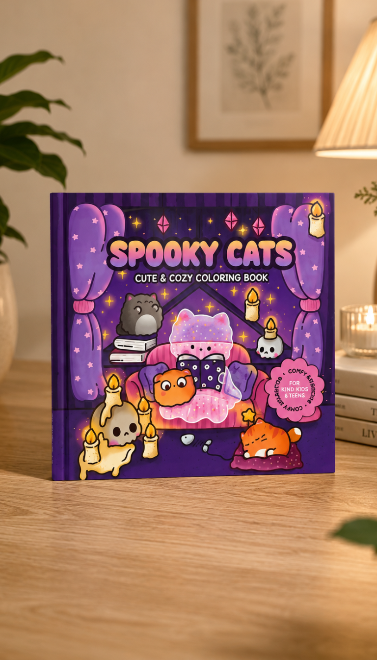 A cozy product mockup of a coloring book titled "Spooky Cats Cute & Cozy Coloring Book" displayed on a wooden table. The purple cover features an adorable illustration of a glowing pink ghost cat reading a book, surrounded by burning candles, cute skulls, and sleeping kittens. A warm table lamp and a potted plant are in the background.
