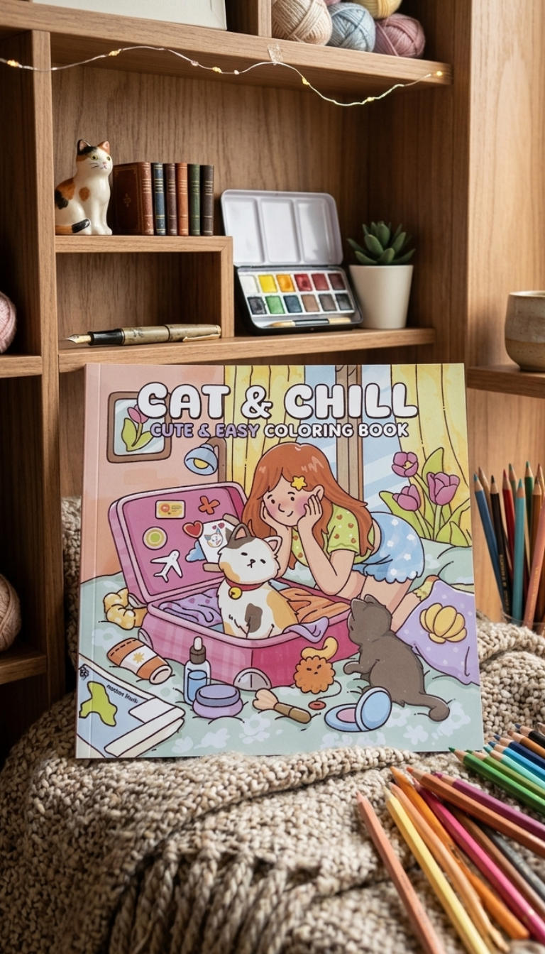 A colorful children's coloring book titled 'CAT & CHILL' is displayed on a cozy shelf in a styled room setting with wooden shelves, string lights, a watercolor palette, and colored pencils.