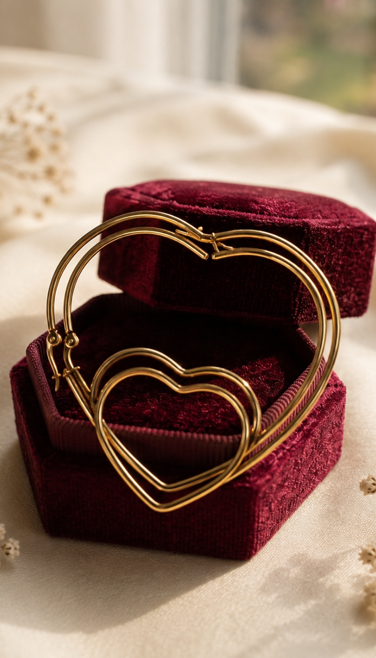 "Close-up shot of large, polished gold heart-shaped hoop earrings for women, made of tarnish-free stainless steel, showcasing a modern and elegant design with a radiant shine."