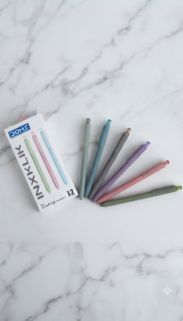 Upgrade your stationery with the DOMS Inxklik pastel ball pens. Sleek, stylish, and perfect for school or office. Get your 12-pack of smooth-writing pens today!
